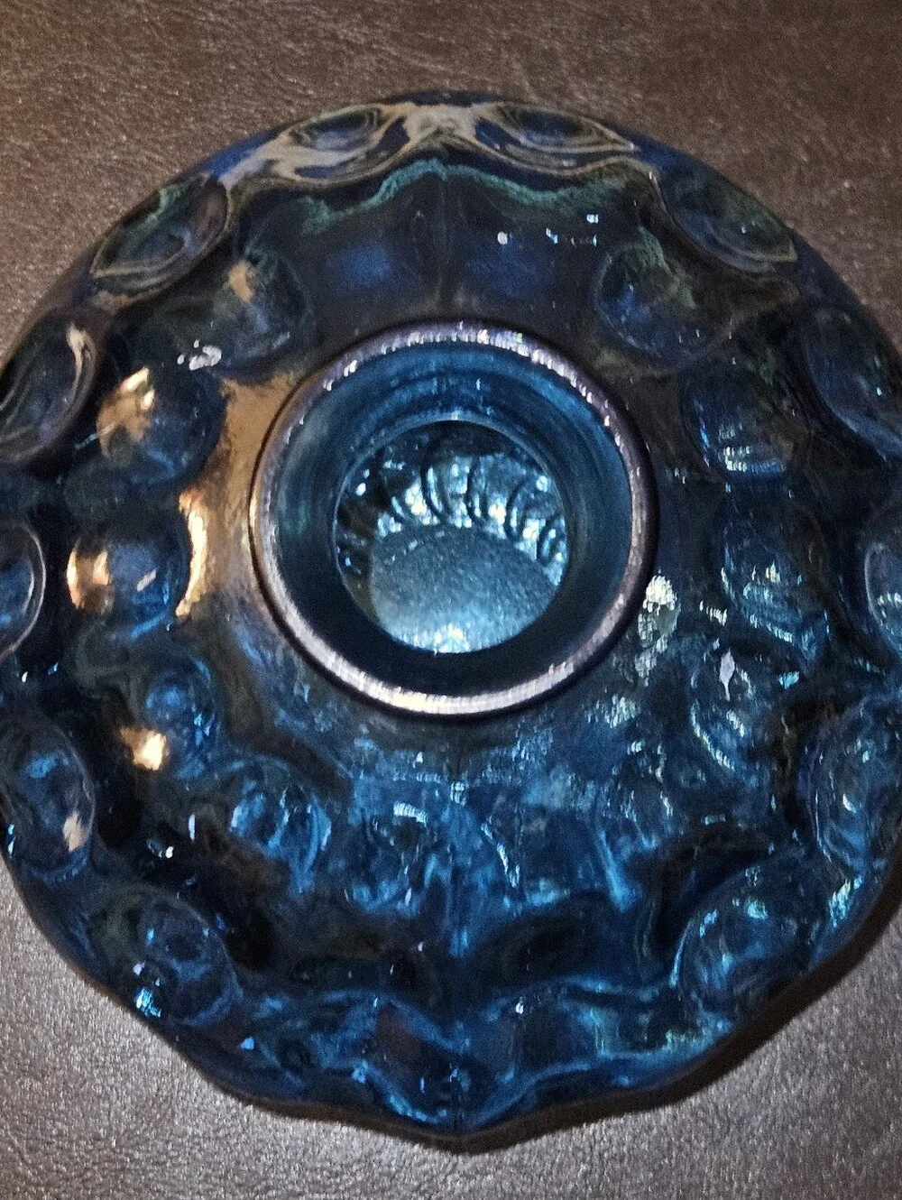 Vintage Sapphire Blue Thumb Print Glass Round Flower Vase